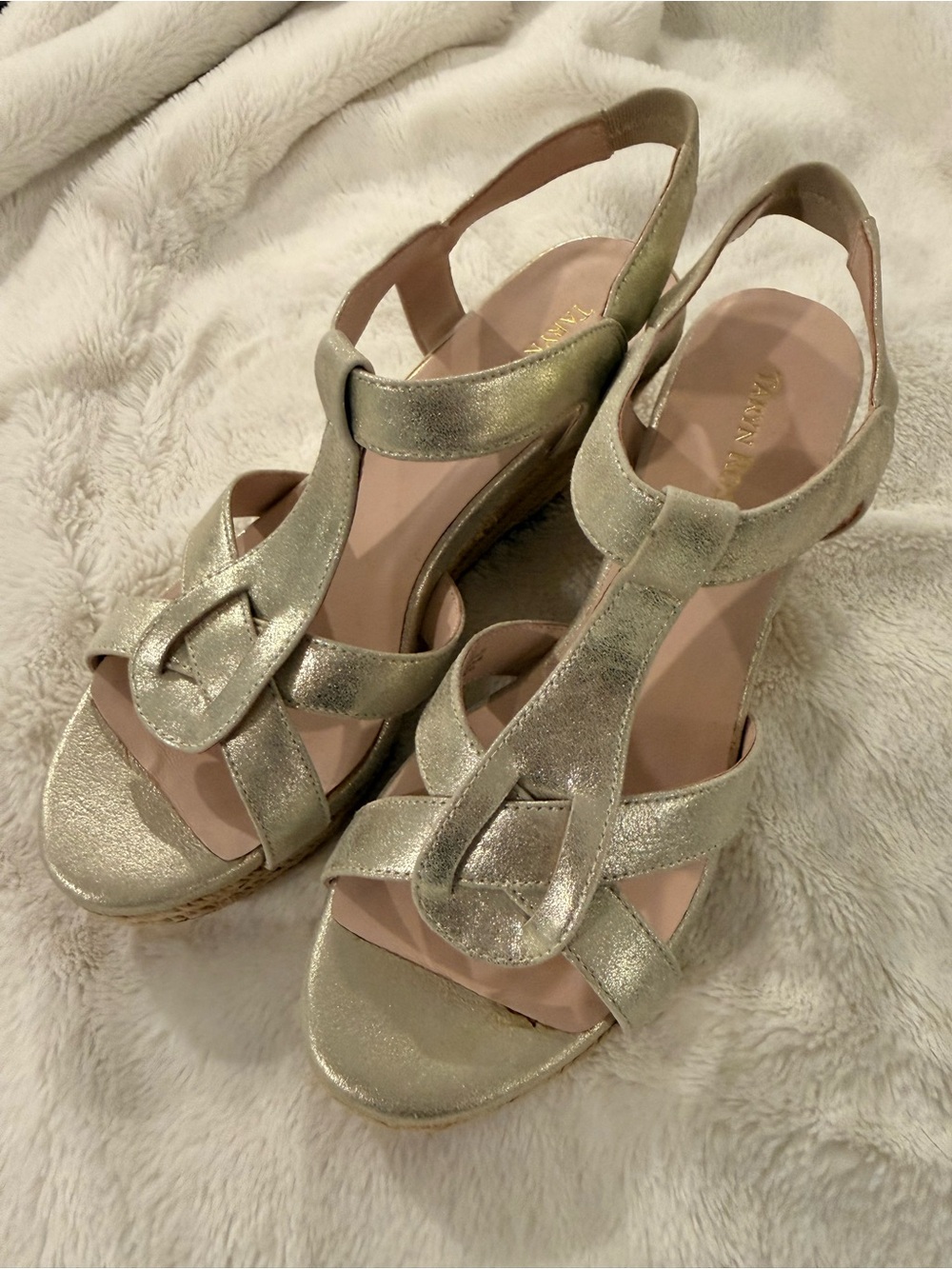 Taryn Rose Gold Metallic T-Strap Wedge Sandals